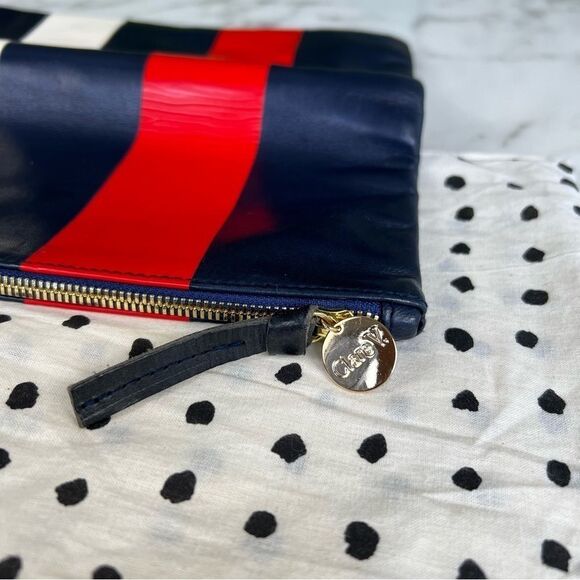 CLARE V. Super Flat Clutch Navy Red Cream Striped Leather Foldover Bag - Picture 8 of 9